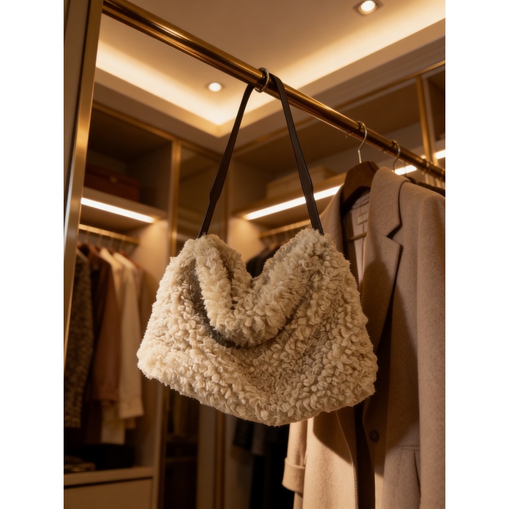 Cream Faux Shearling Sherpa Shoulder Bag Brown Strap Teddy‎ Hobo Purse - Picture 4 of 8